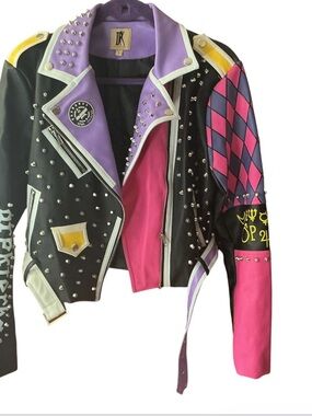 Black Vegan Leather Jacket with Pink & Purple Argyle Sleeve and Stud Details